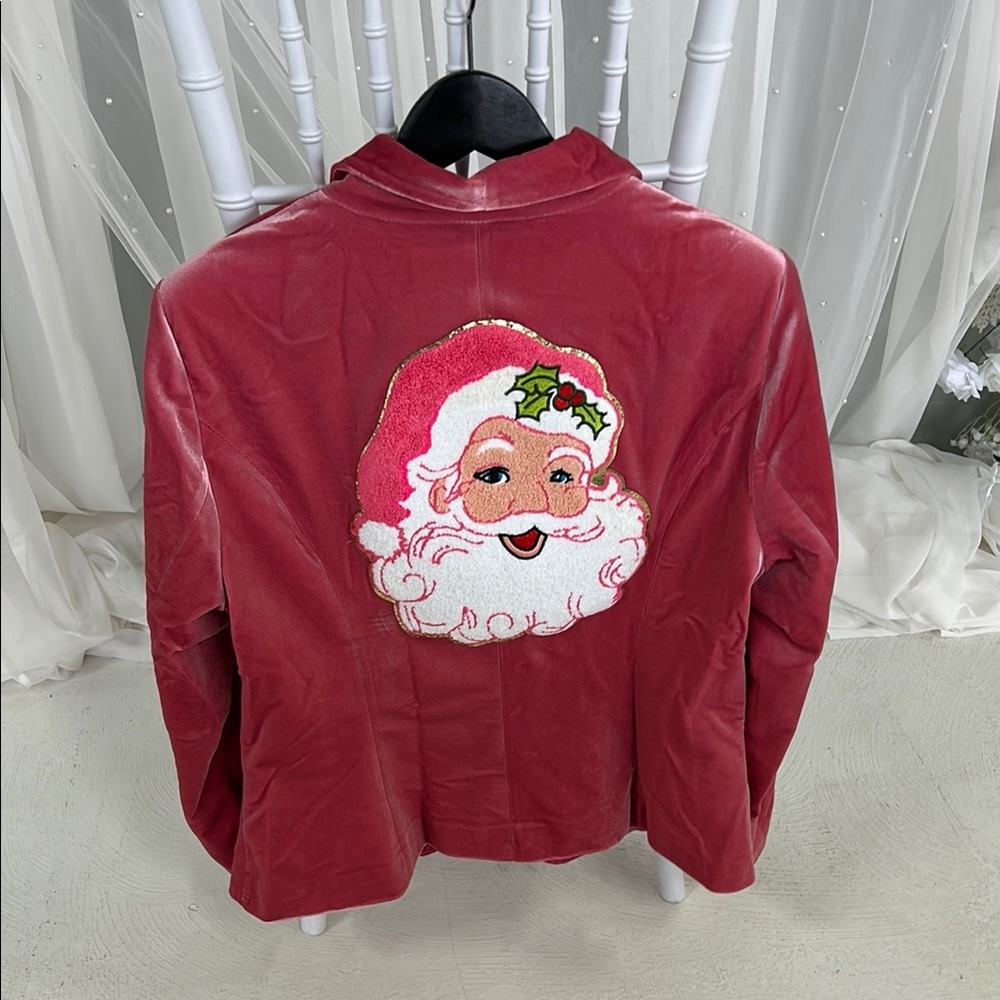 **NWT** Rose pink Velvet Blazer with pink Santa Detail on back